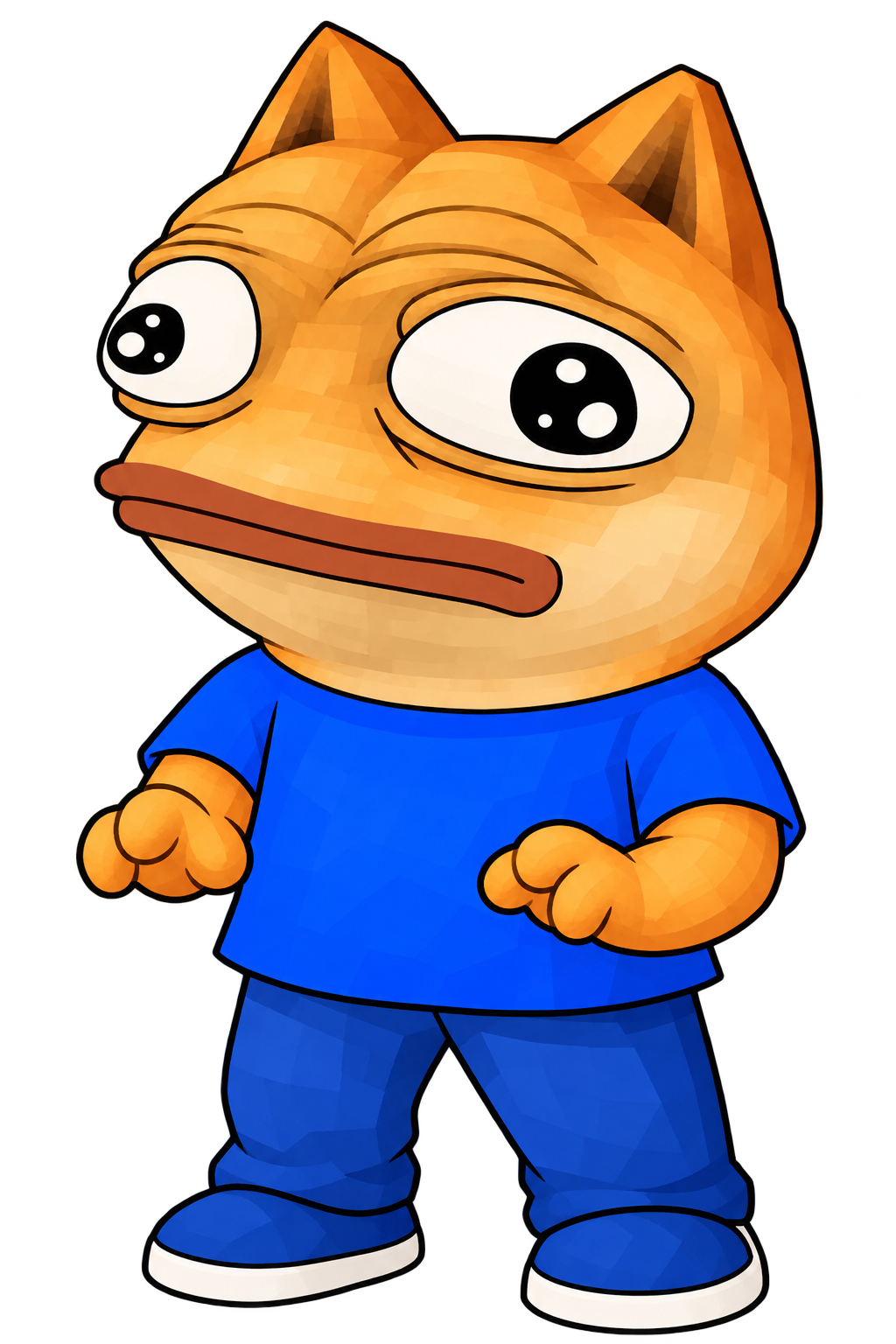 Dope Freak, a wide-eyed orange cat in a cobalt blue shirt