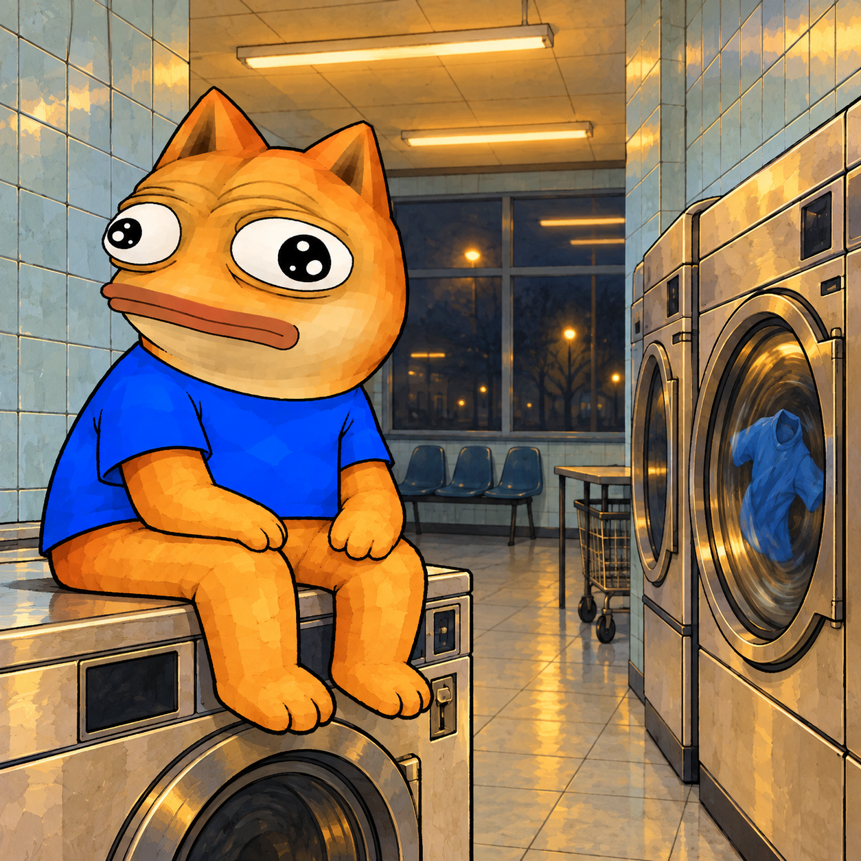 Dope Freak waiting in a late-night laundromat